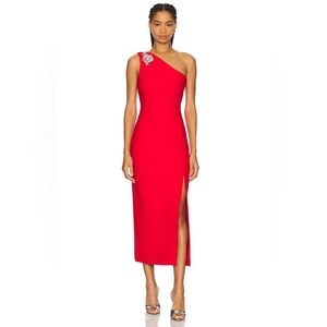 NWT CINQ A SEPT Enya Scarlet Red Embellished One Shoulder Summer Midi Dress